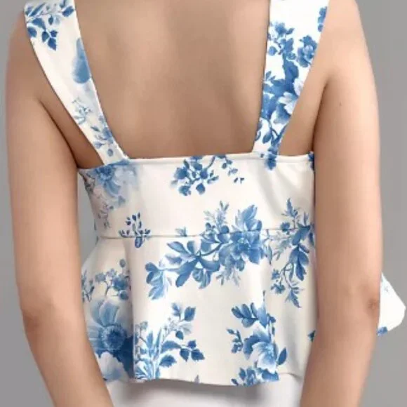 🏷️ NWT - ANTHROPOLOGIE Maeve Blue Floral Square-Neck Peplum Tank Top in Sz LARGE - Picture 4 of 7